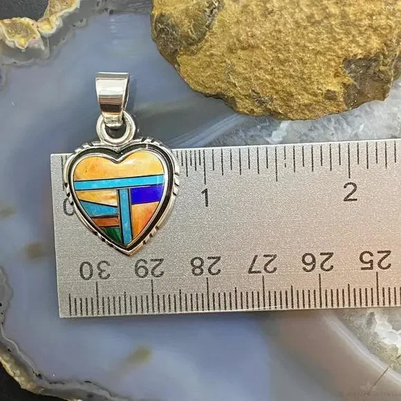 Native American Sterling Silver Heart Shape Multi Stone Inlay Pendant For Women - Picture 9 of 10